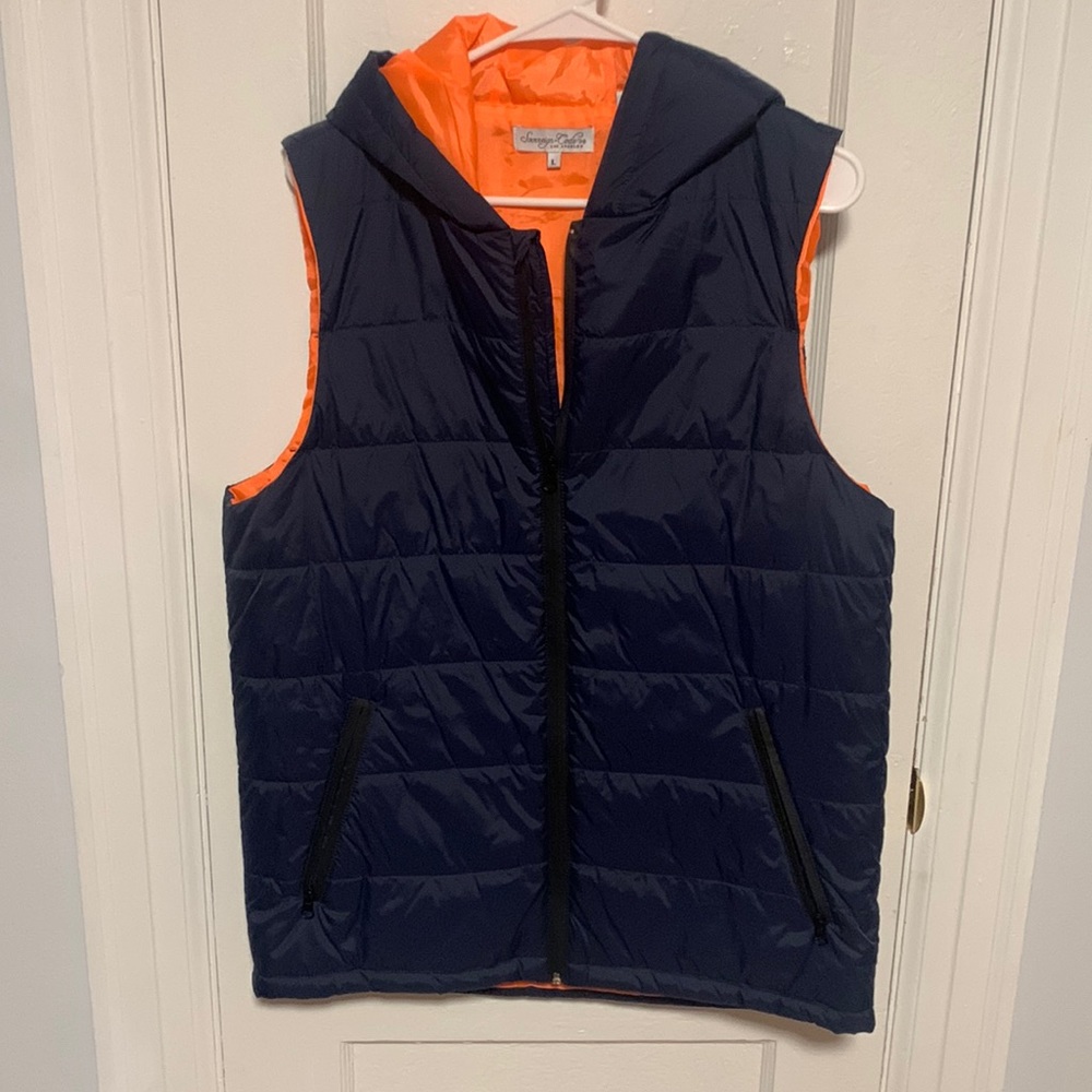 This is a Sovereign Codes Los Angeles Vest, large, Navy Blue and Orange
